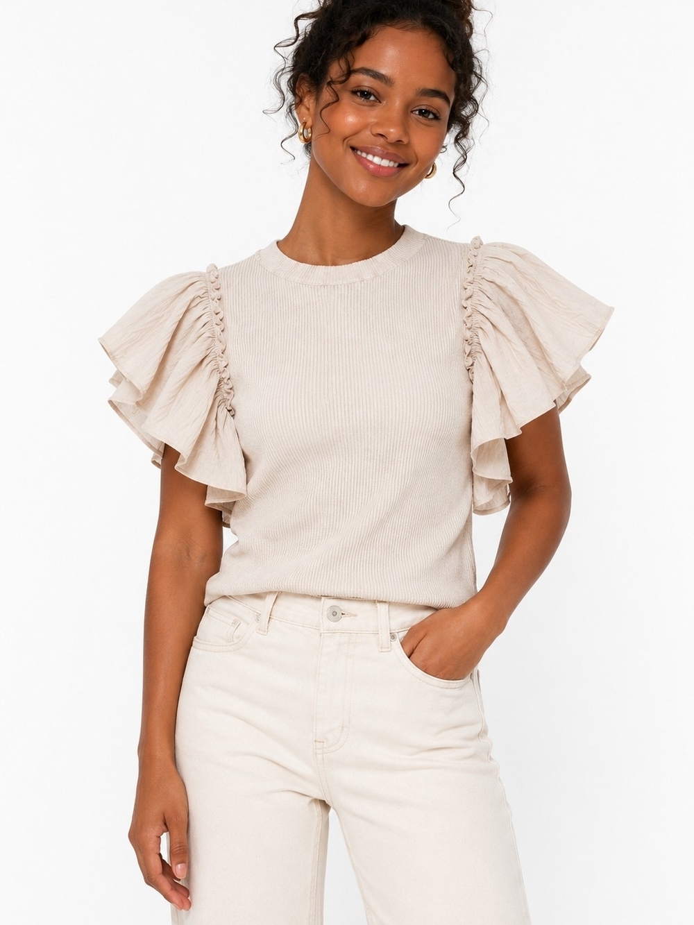 INC International Concepts Cream Ribbed Flutter Sleeve Sweater Top XS